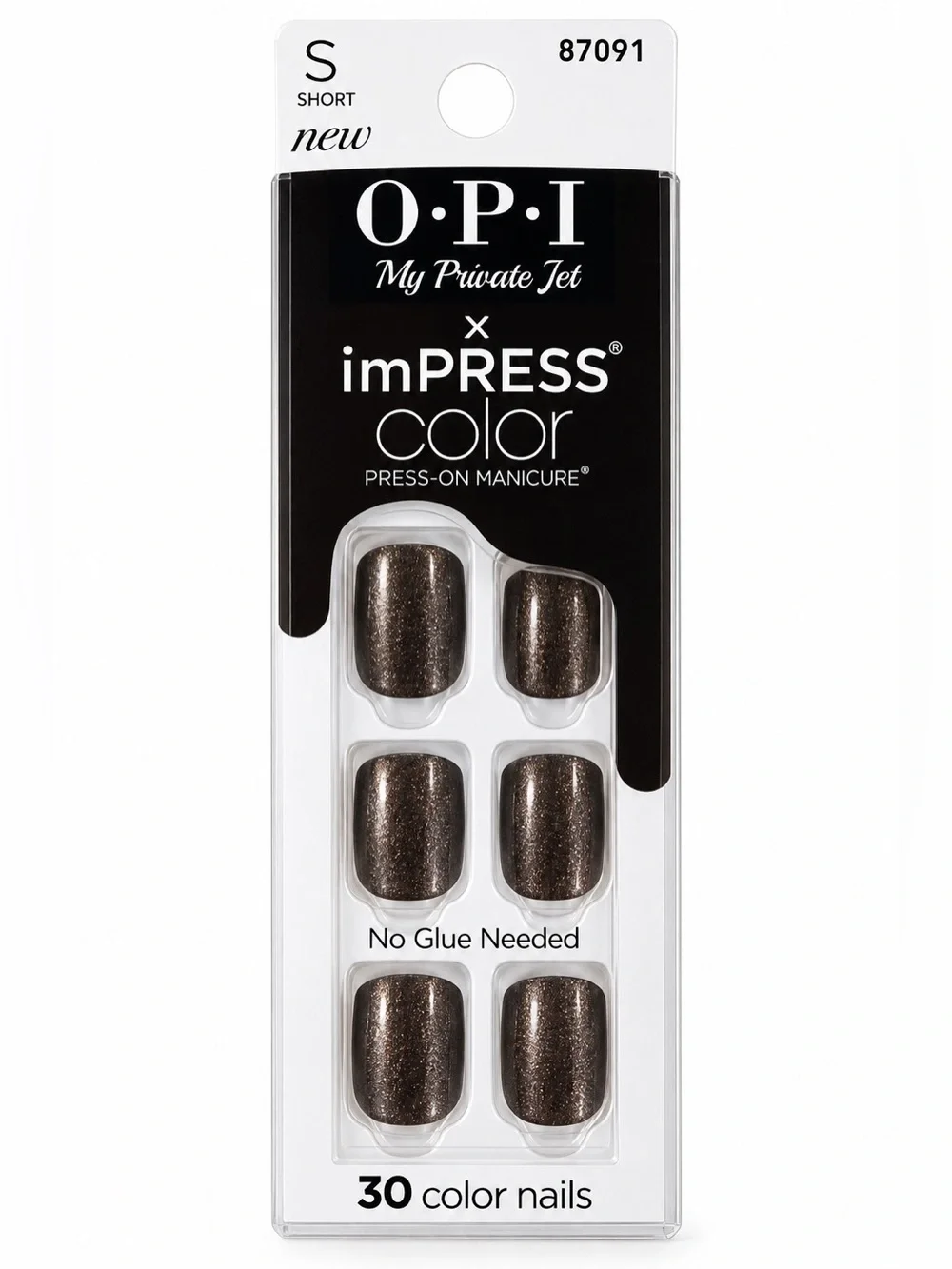 New OPI x imPRESS My Private Jet Press-On Nails Short Glitter Brown 30 Ct